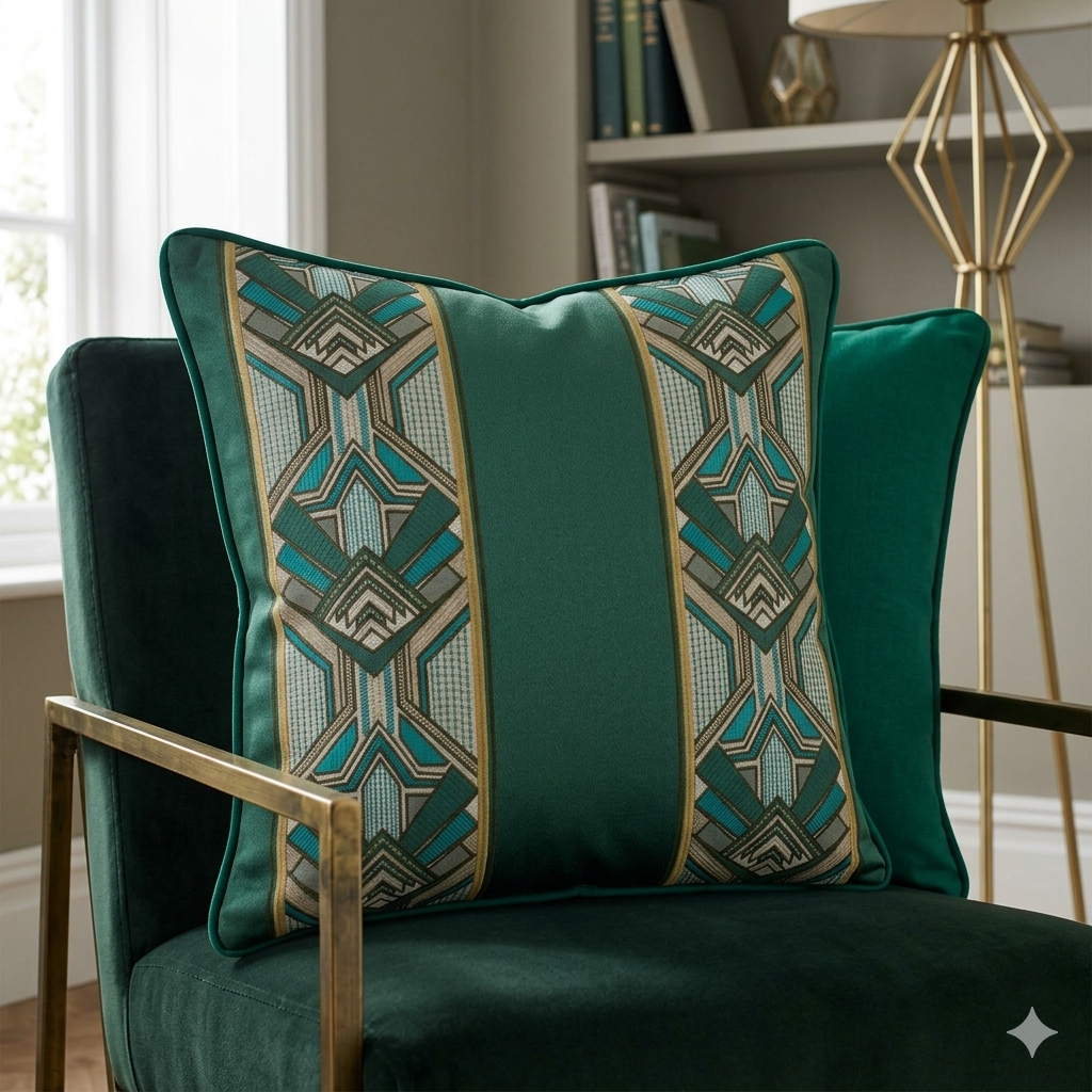 Art Deco Emarld Embroidered Cushion