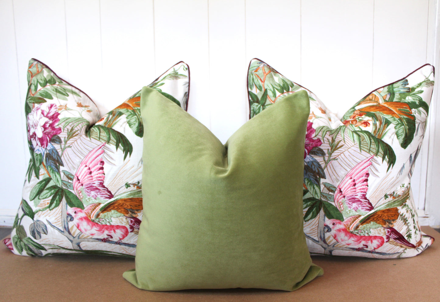 Pair of Beautiful Large Exotic Bird Basketweave Textured Cushions