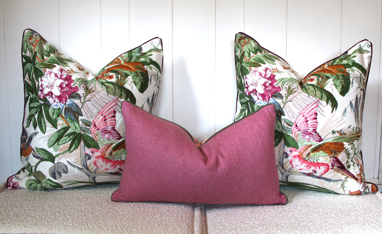 Pair of Beautiful Large Exotic Bird Basketweave Textured Cushions