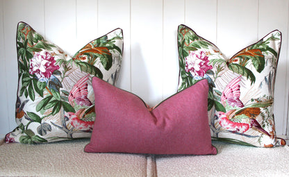 Pair of Beautiful Large Exotic Bird Basketweave Textured Cushions