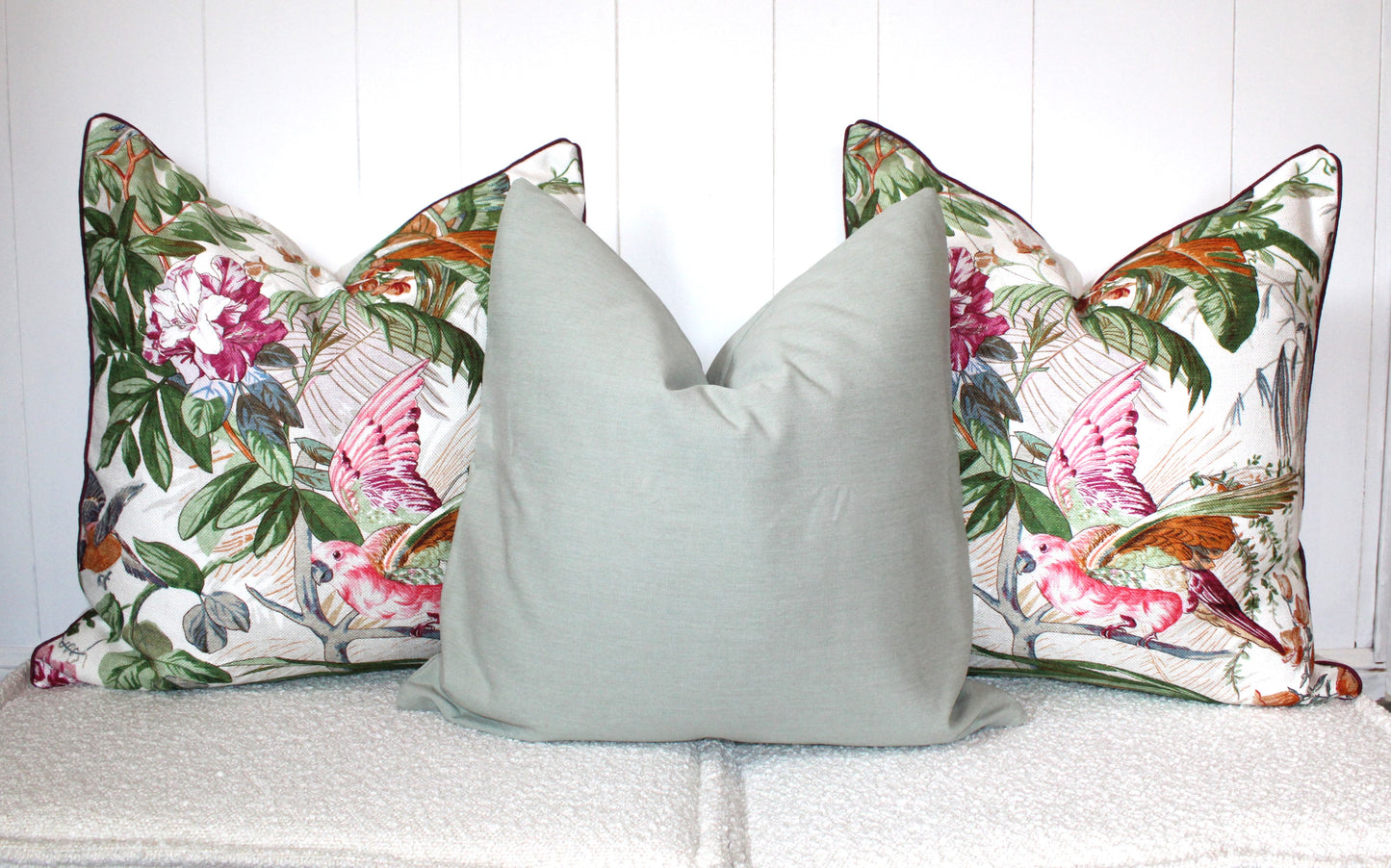 Pair of Beautiful Large Exotic Bird Basketweave Textured Cushions