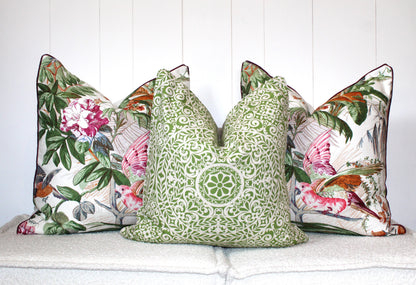 Pair of Beautiful Large Exotic Bird Basketweave Textured Cushions