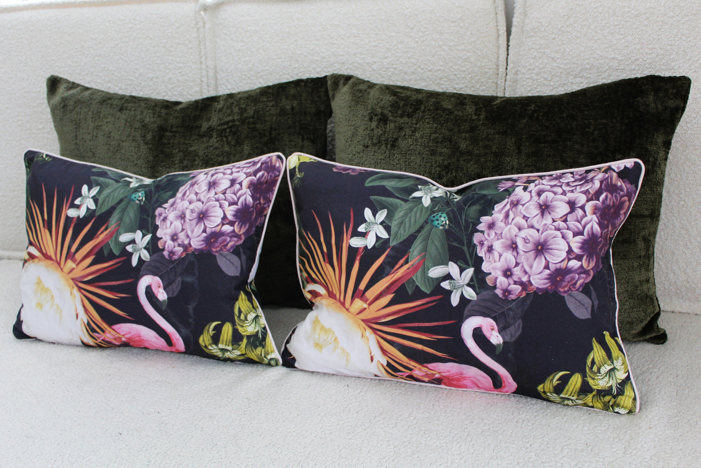 Pair of Pink Flamingo Floral Cushion covers. Made in Australia