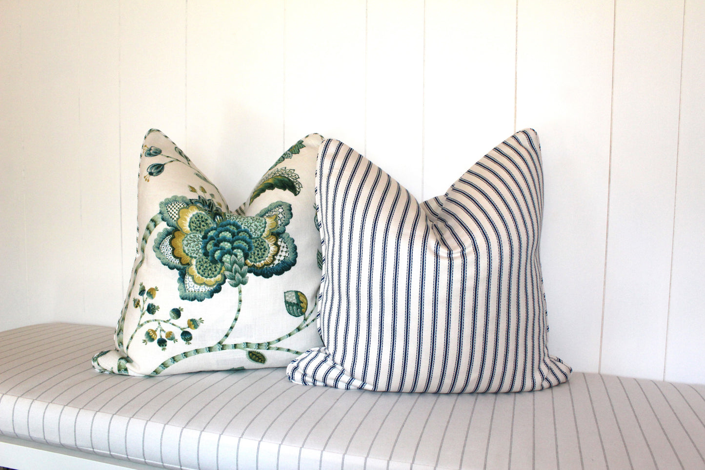 Herringbone Navy ticking cushion covers by Laura & Kiran