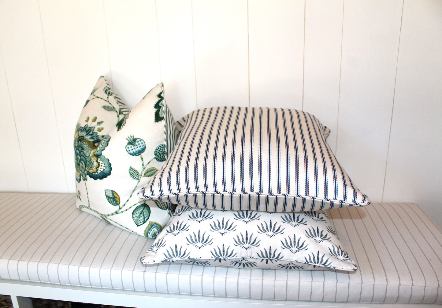 Herringbone Navy ticking cushion covers by Laura & Kiran
