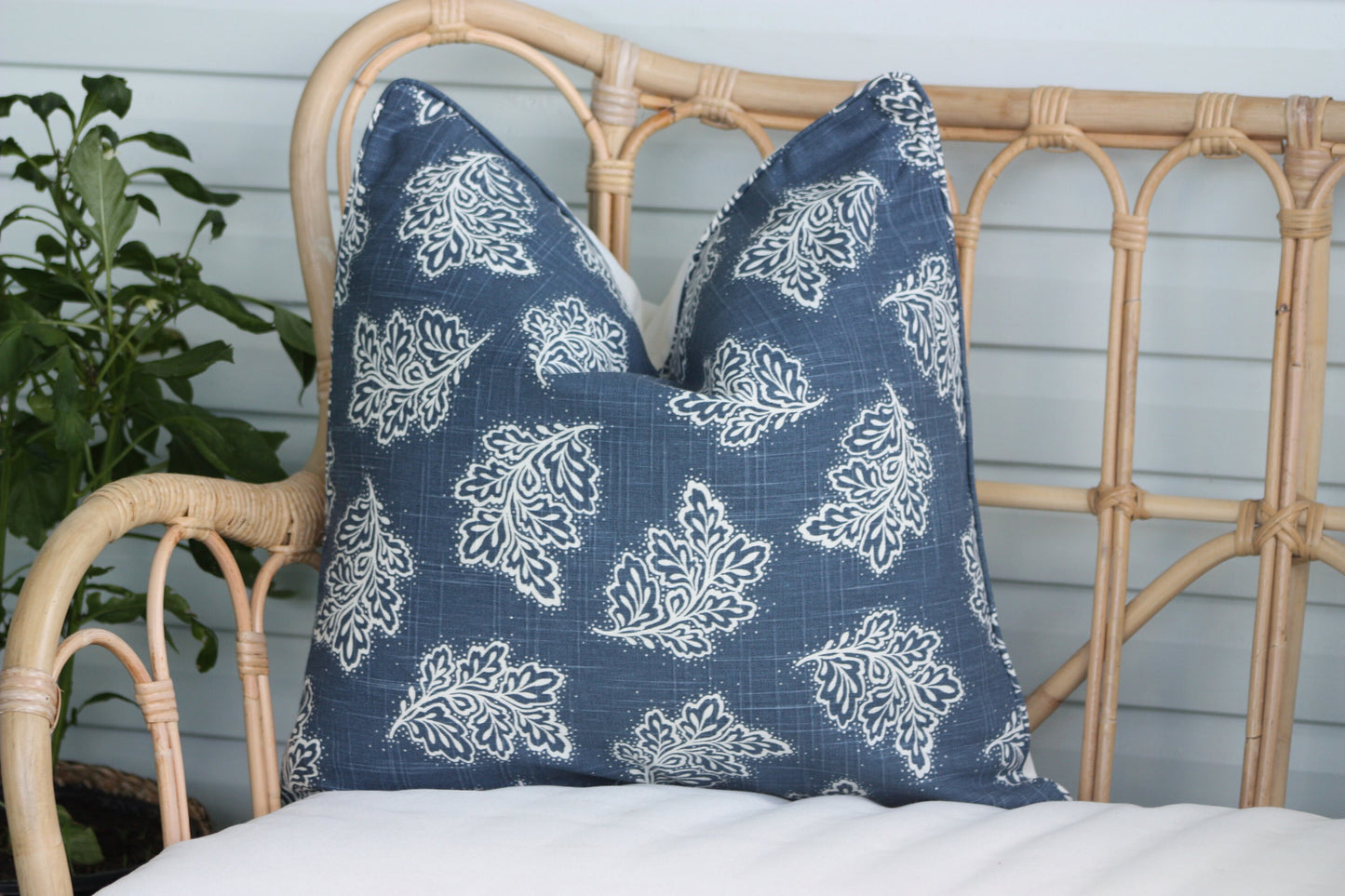 Navy Leaf falling cushion covers Warwick Fabrics
