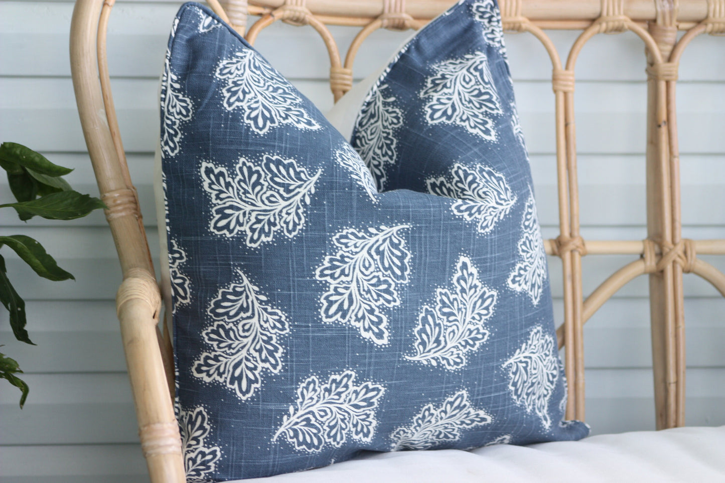 Navy Leaf falling cushion covers Warwick Fabrics