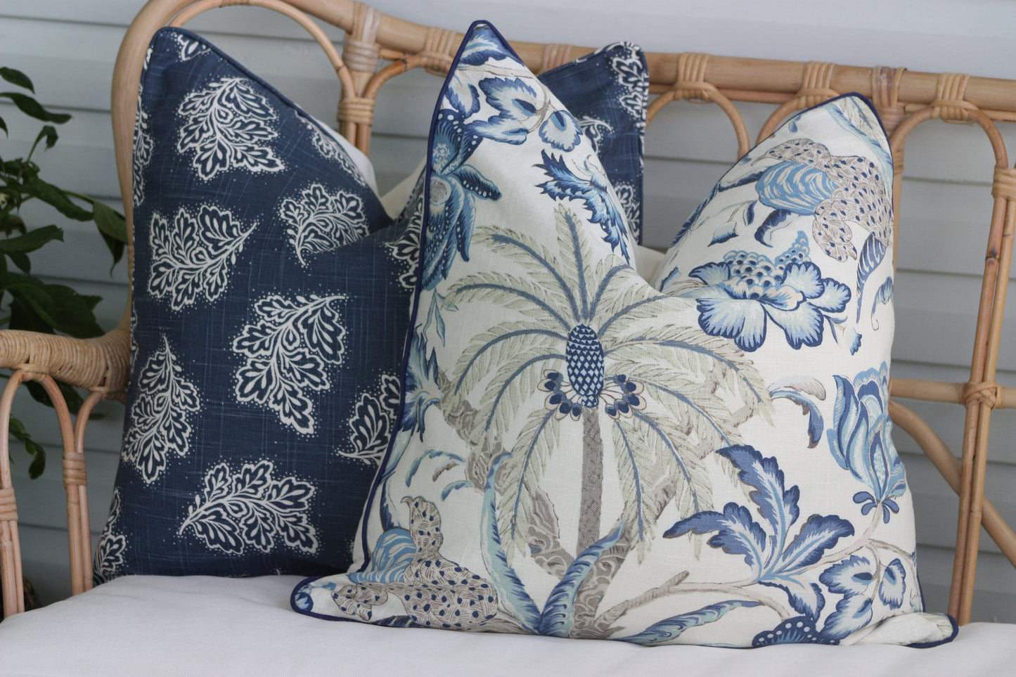 Navy Leaf falling cushion covers Warwick Fabrics