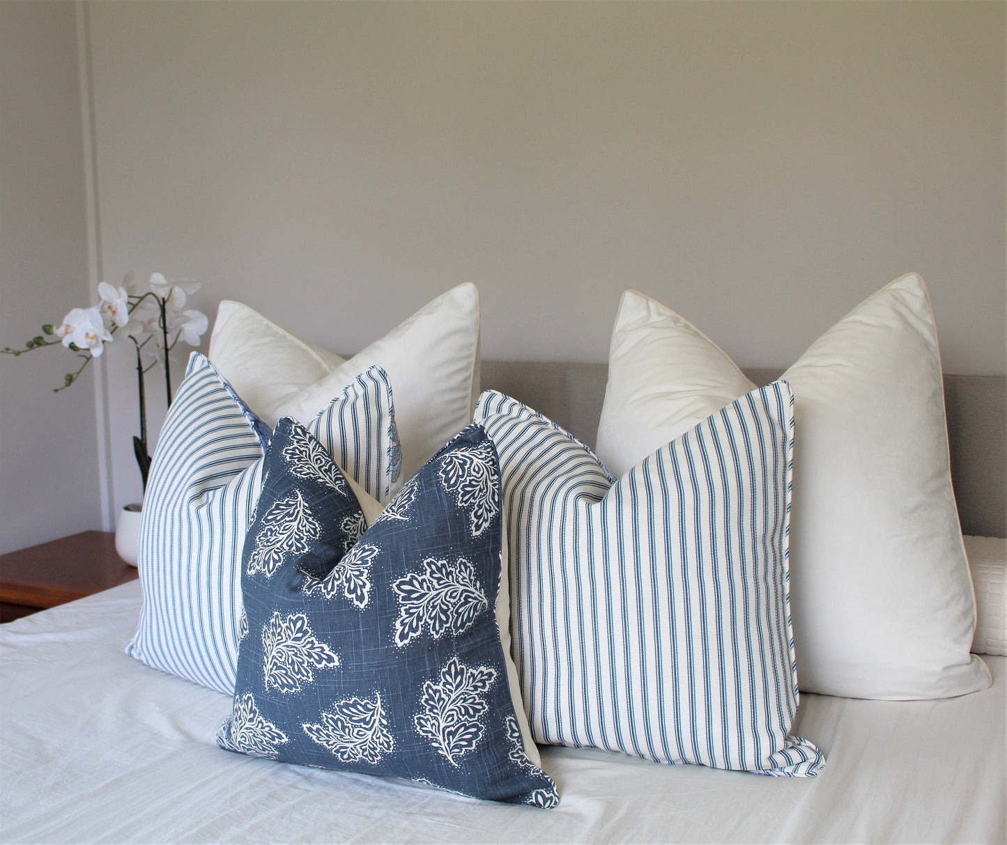 Navy Leaf falling cushion covers Warwick Fabrics