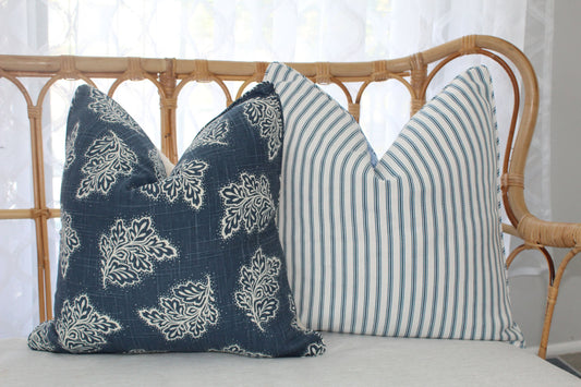 Navy Leaf falling cushion covers Warwick Fabrics